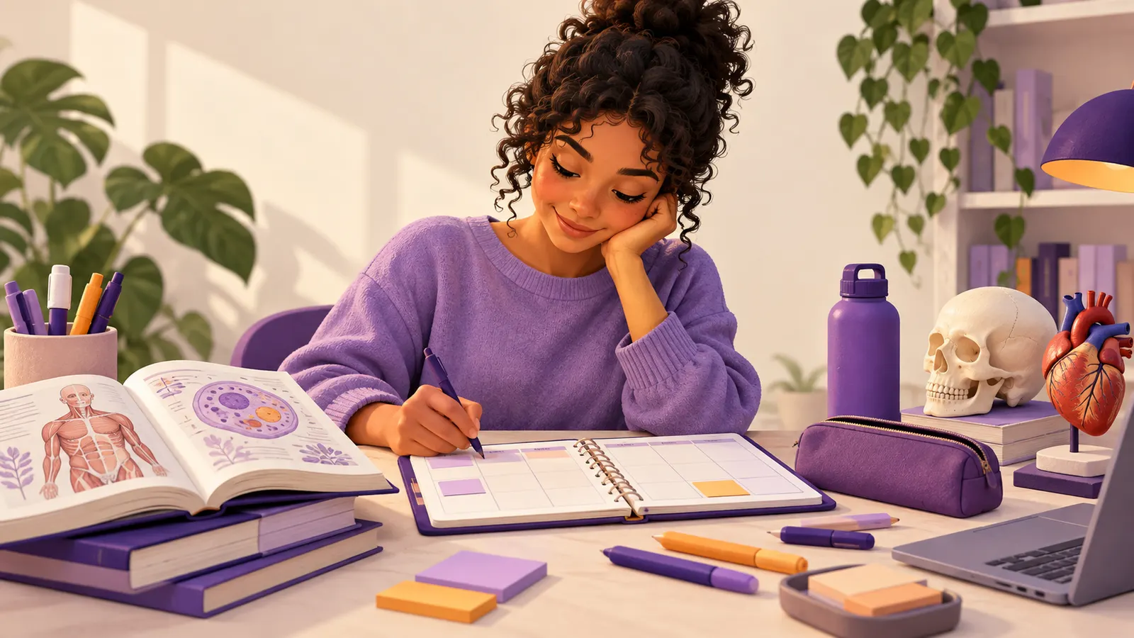 Estudante escreve em um caderno aberto diante de livros, cartões e um computador portátil.