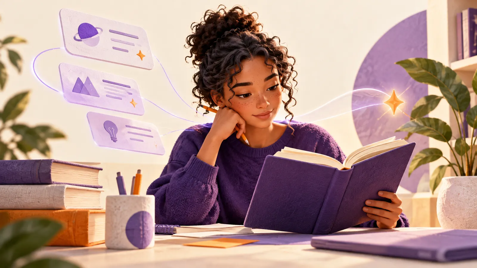 Estudante lê um livro enquanto cartões ilustrados e símbolos de ideias aparecem ao redor.