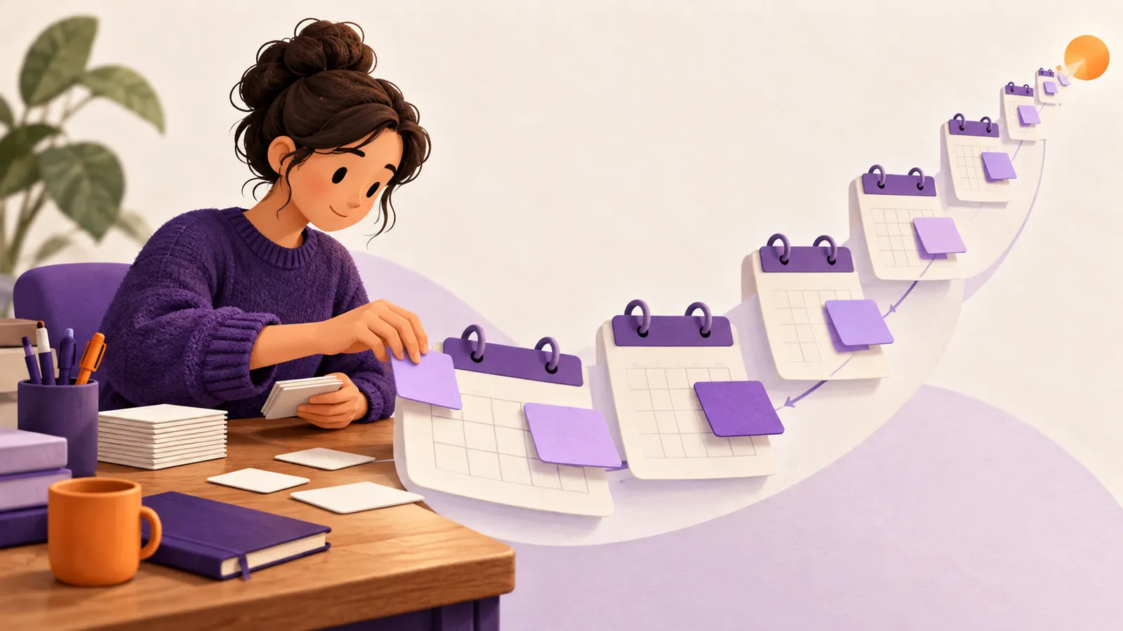 Estudante revisa cartões diante de uma mesa, ao lado de calendários lilás dispostos em sequência.