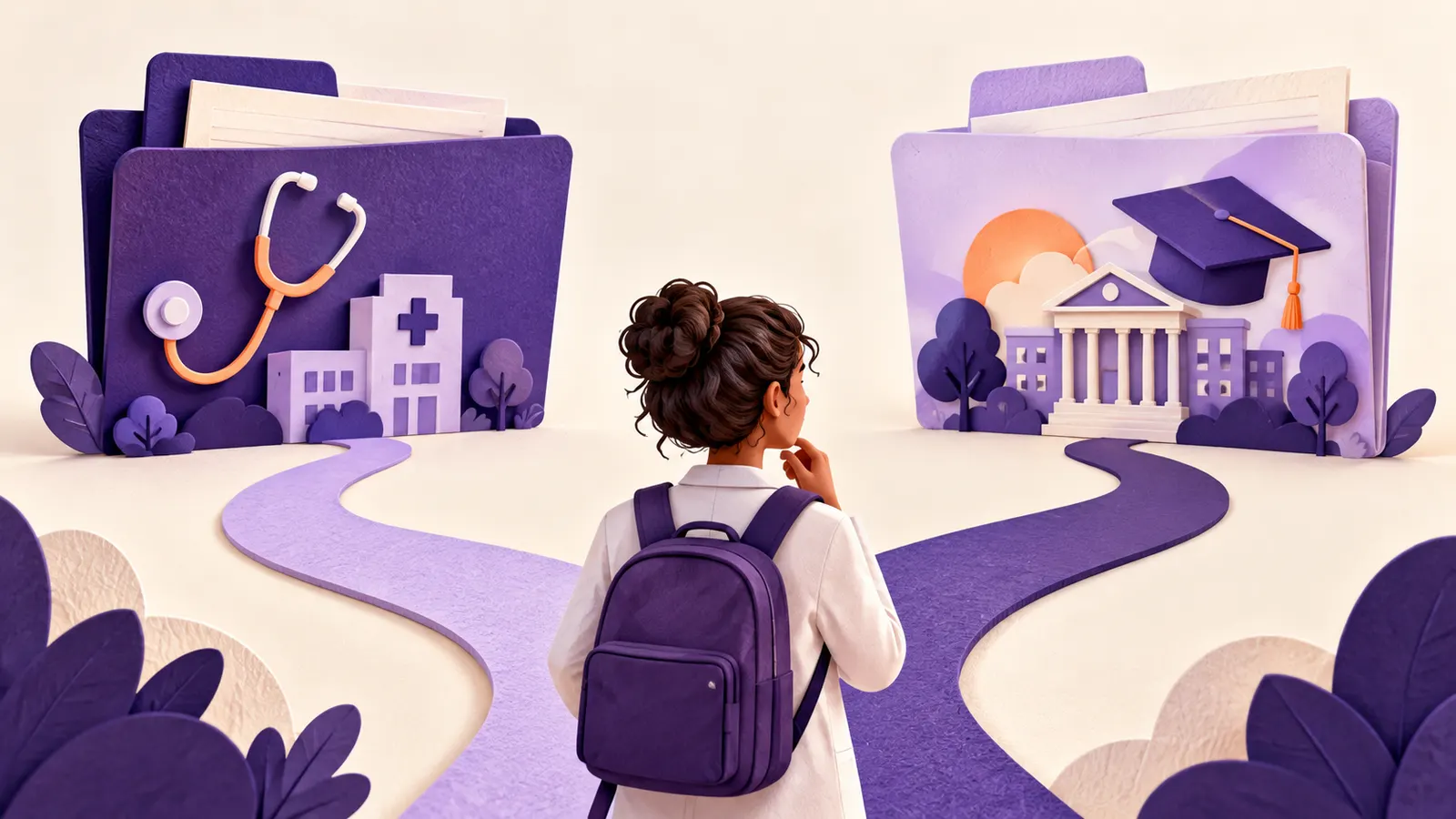 Estudante com mochila observa dois caminhos para pastas ilustradas com símbolos de saúde e graduação.
