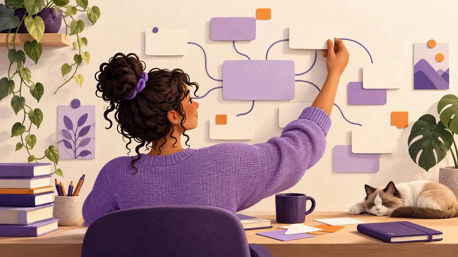 Estudante desenha conexões entre cards em um painel na parede, diante de uma mesa com livros.