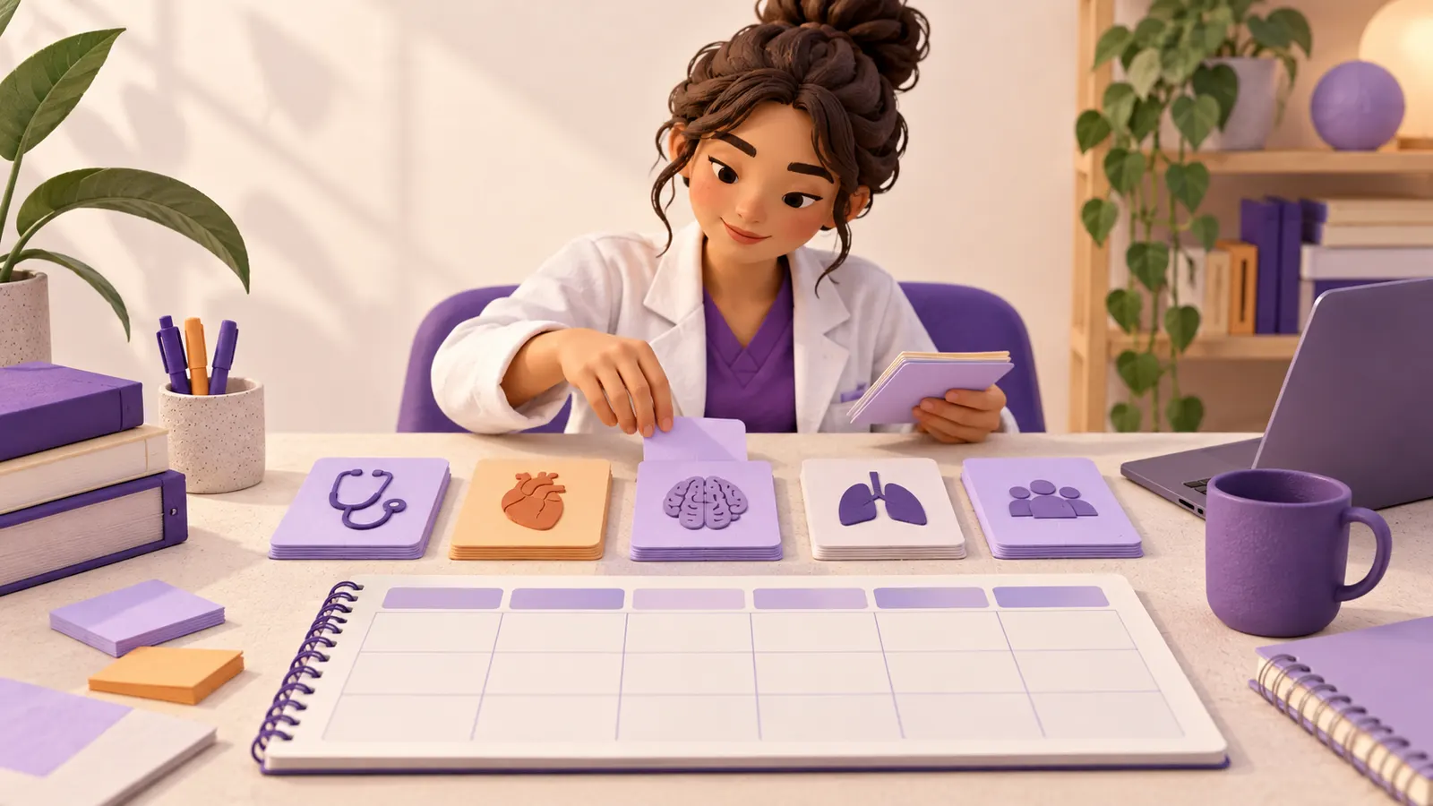 Estudante de jaleco organiza cartões ilustrados sobre uma mesa com um caderno aberto.