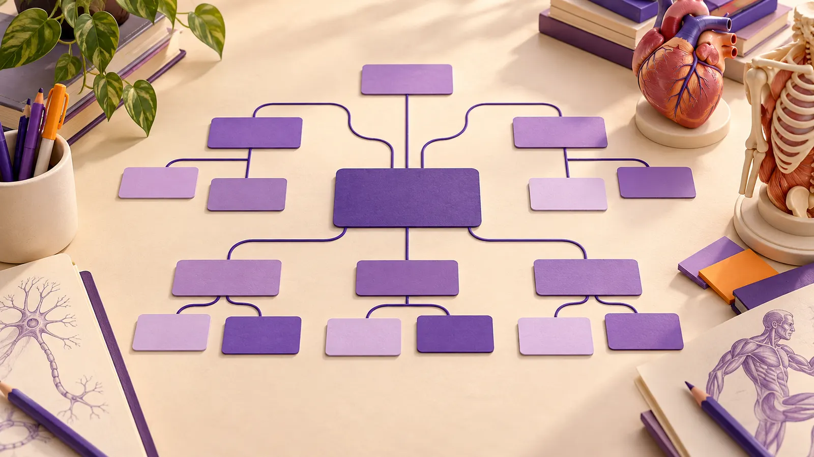 Mapa ilustrado de caixas lilás conectadas sobre uma mesa com livros, lápis e um modelo de coração.